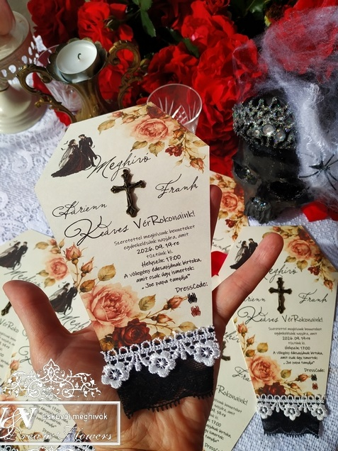 Koporsó alakú esküvői meghívó – különleges gothic és vámpír stílusú esküvőkhöz