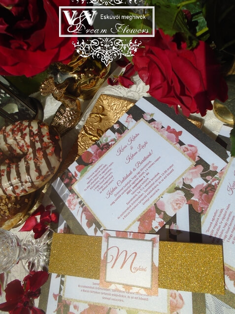 CSÍKOS RÓZSÁS ESKÜVŐI MEGHÍVÓ KÁRTYA ARANY GLITTERREL