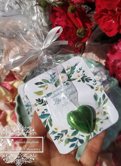 CSOKI SZÍV KÖSZÖNETAJÁNDÉK ESKÜVŐRE GREENERY LEVELES MINTÁS