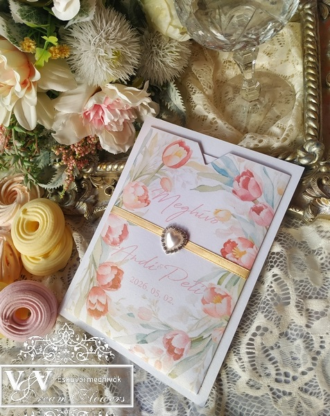 TULIPÁNOS ESKÜVŐI MEGHÍVÓ SZIVECSKE MEDÁLLAL